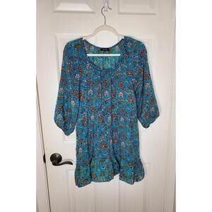 TOLANI Collection 100% Silk Tunic Ruffle Dress Blue Floral Size XSmall
